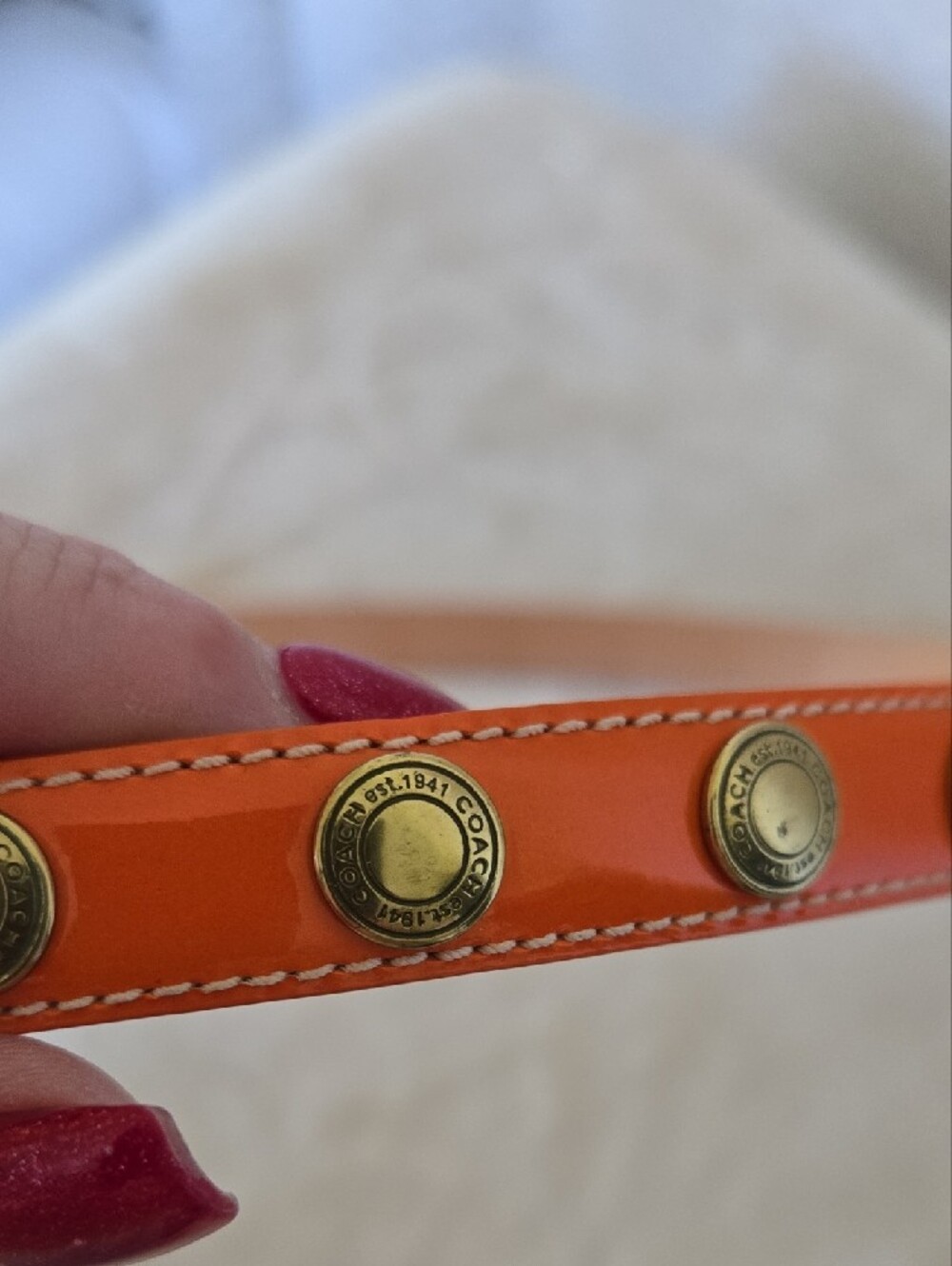Coach Orange Leather Stud Belt with Gold Metal Hang Tag - Picture 3 of 7